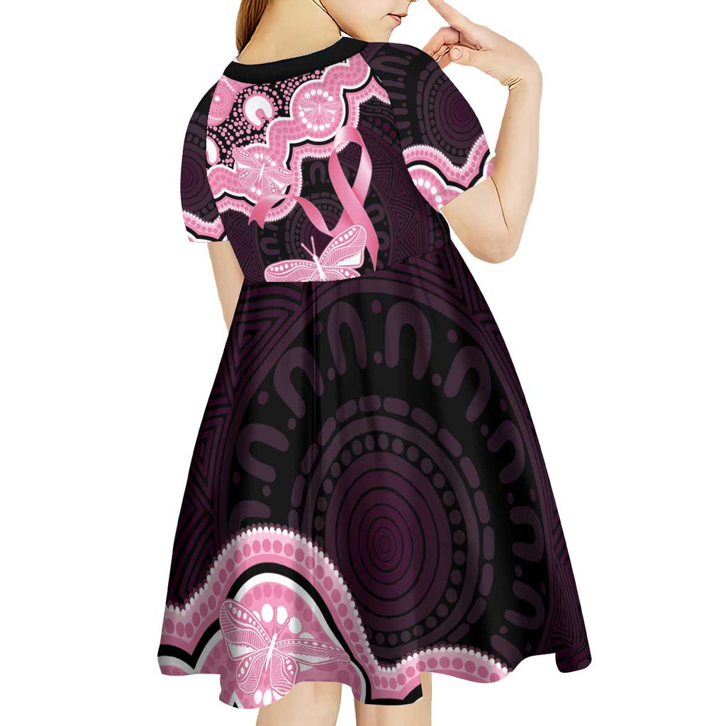 Australia Indigenous Kid Short Sleeve Dress Pink Ribbon Breast Cancer Butterfly Aboriginal Black - Aussie Hoodie