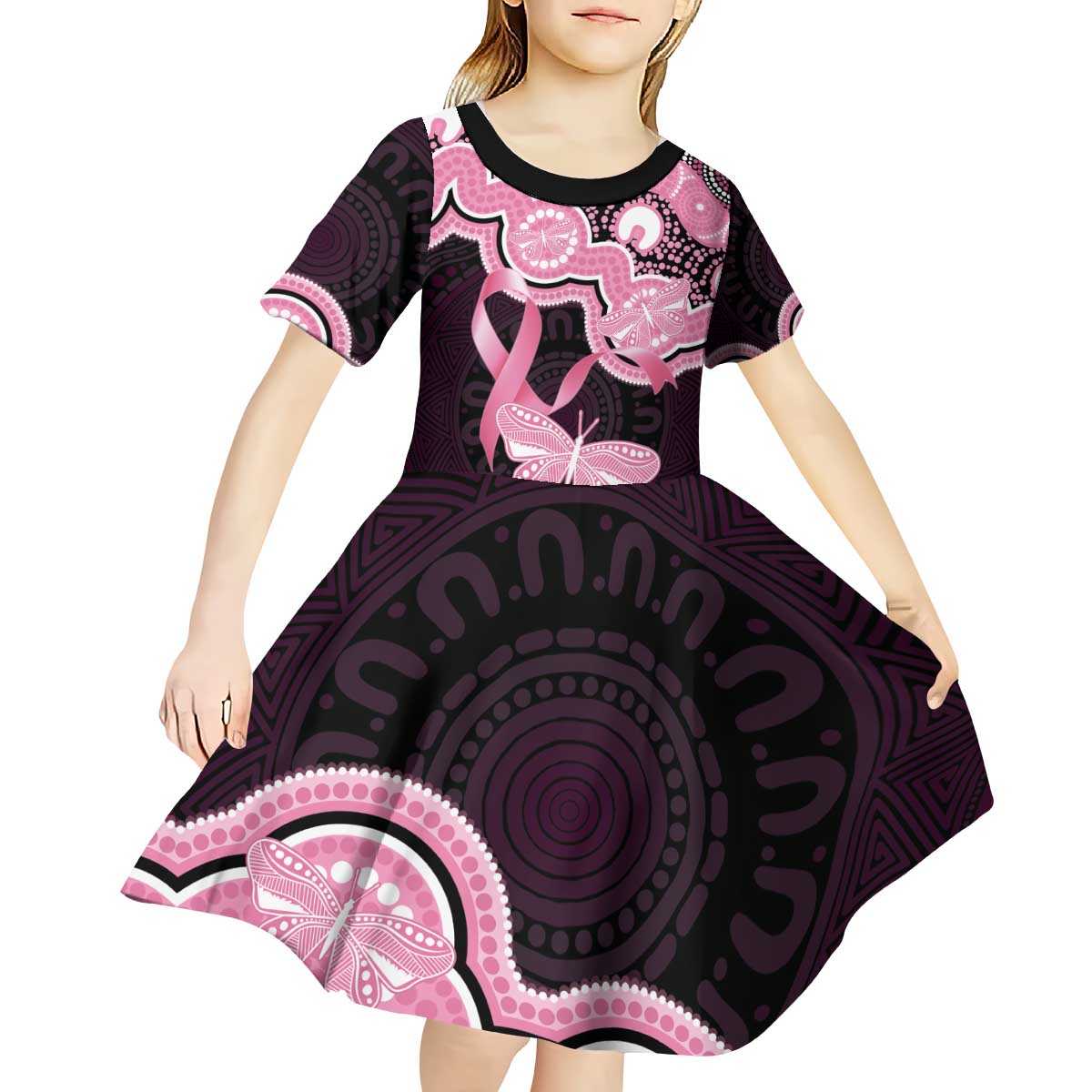Australia Indigenous Kid Short Sleeve Dress Pink Ribbon Breast Cancer Butterfly Aboriginal Black - Aussie Hoodie