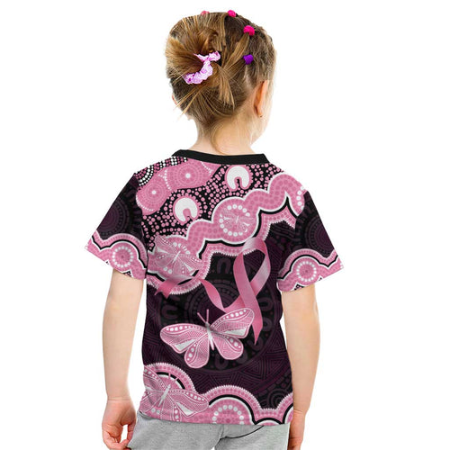 Australia Indigenous Kid T Shirt Pink Ribbon Breast Cancer Butterfly Aboriginal Black - Aussie Hoodie