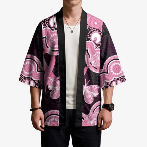 Australia Indigenous Kimono Pink Ribbon Breast Cancer Butterfly Aboriginal Black - Aussie Hoodie
