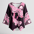 Australia Indigenous Kimono Sleeve Blouse Pink Ribbon Breast Cancer Butterfly Aboriginal Black - Aussie Hoodie