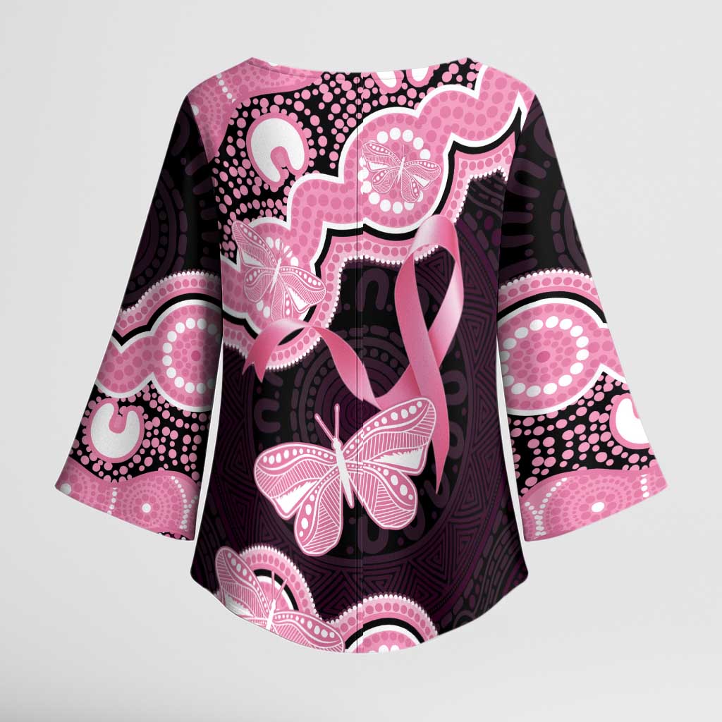 Australia Indigenous Kimono Sleeve Blouse Pink Ribbon Breast Cancer Butterfly Aboriginal Black - Aussie Hoodie