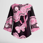 Australia Indigenous Kimono Sleeve Blouse Pink Ribbon Breast Cancer Butterfly Aboriginal Black - Aussie Hoodie