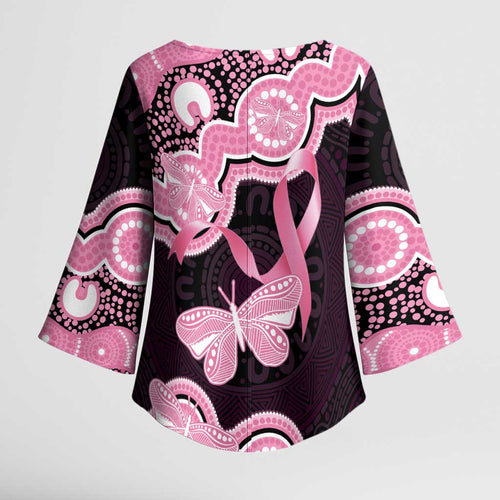 Australia Indigenous Kimono Sleeve Blouse Pink Ribbon Breast Cancer Butterfly Aboriginal Black - Aussie Hoodie