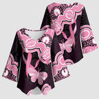 Australia Indigenous Kimono Sleeve Blouse Pink Ribbon Breast Cancer Butterfly Aboriginal Black - Aussie Hoodie