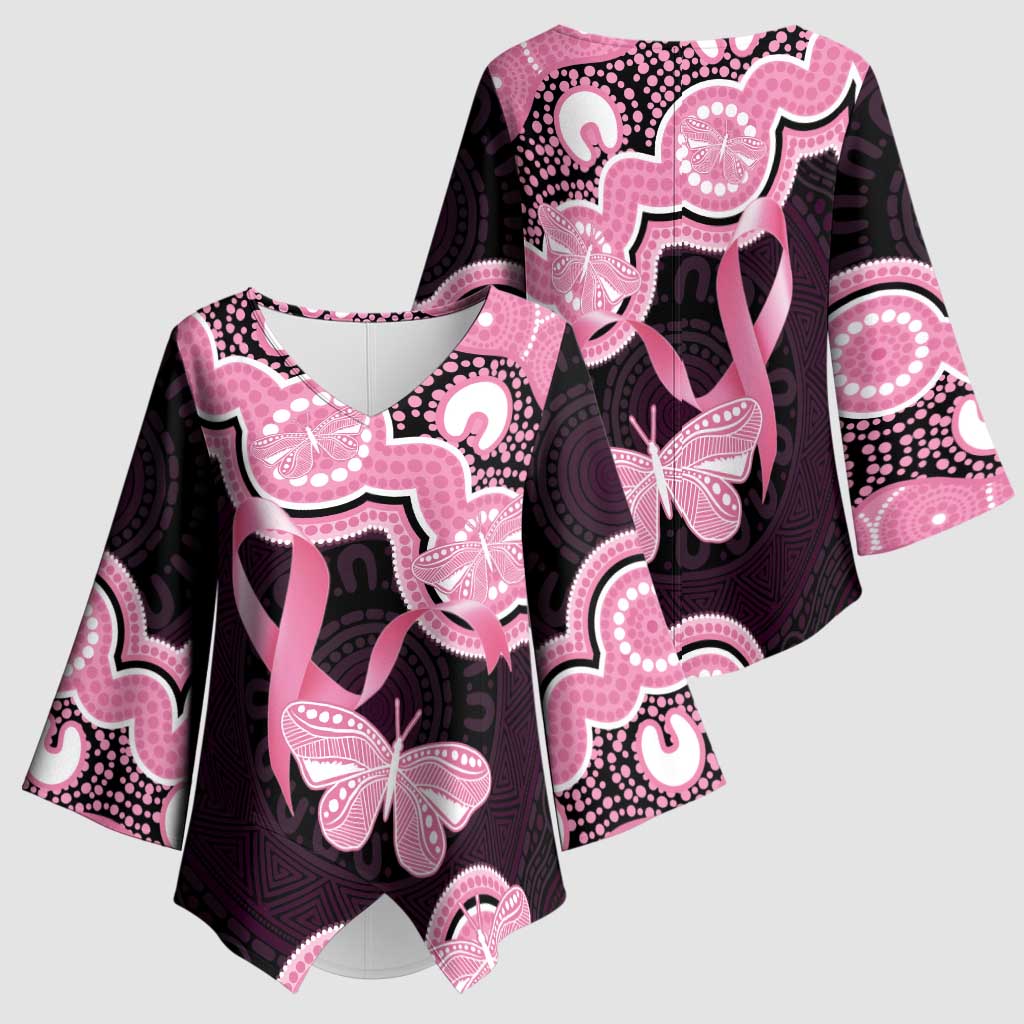 Australia Indigenous Kimono Sleeve Blouse Pink Ribbon Breast Cancer Butterfly Aboriginal Black - Aussie Hoodie