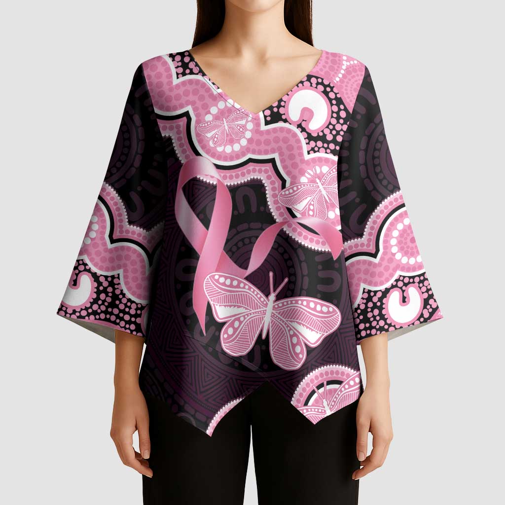 Australia Indigenous Kimono Sleeve Blouse Pink Ribbon Breast Cancer Butterfly Aboriginal Black - Aussie Hoodie