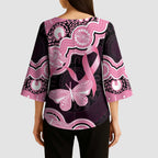 Australia Indigenous Kimono Sleeve Blouse Pink Ribbon Breast Cancer Butterfly Aboriginal Black - Aussie Hoodie