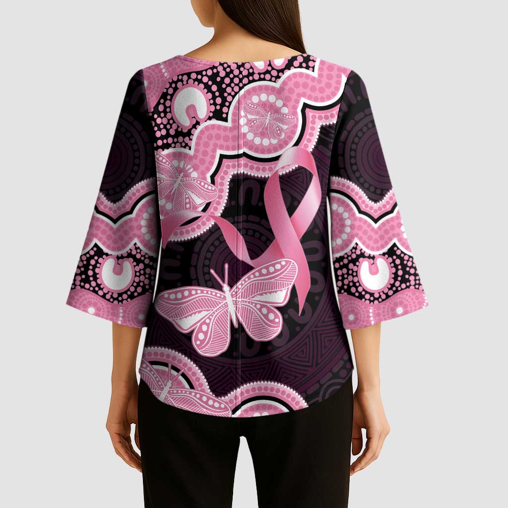 Australia Indigenous Kimono Sleeve Blouse Pink Ribbon Breast Cancer Butterfly Aboriginal Black - Aussie Hoodie
