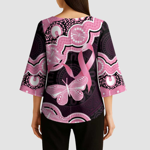 Australia Indigenous Kimono Sleeve Blouse Pink Ribbon Breast Cancer Butterfly Aboriginal Black - Aussie Hoodie