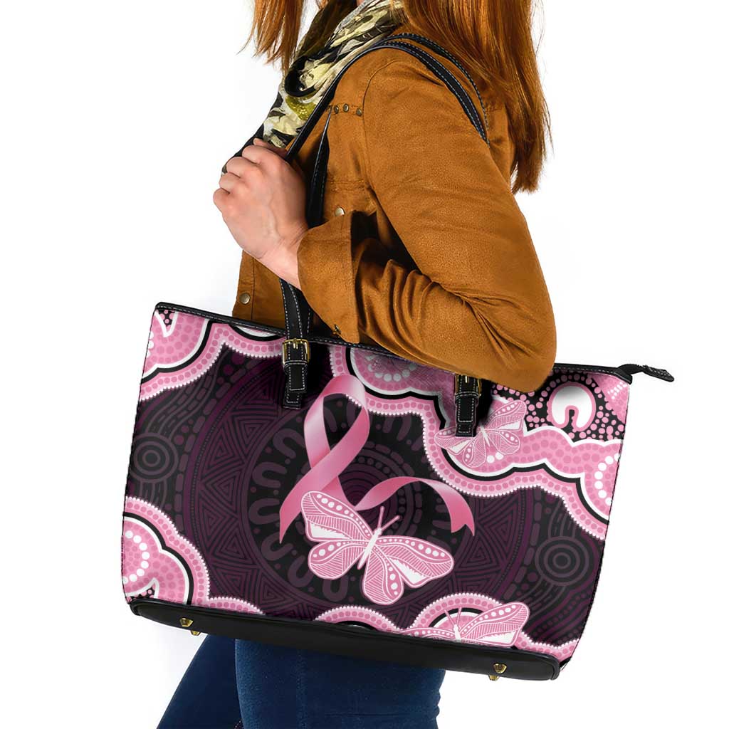 Australia Indigenous Leather Tote Bag Pink Ribbon Breast Cancer Butterfly Aboriginal Black - Aussie Hoodie