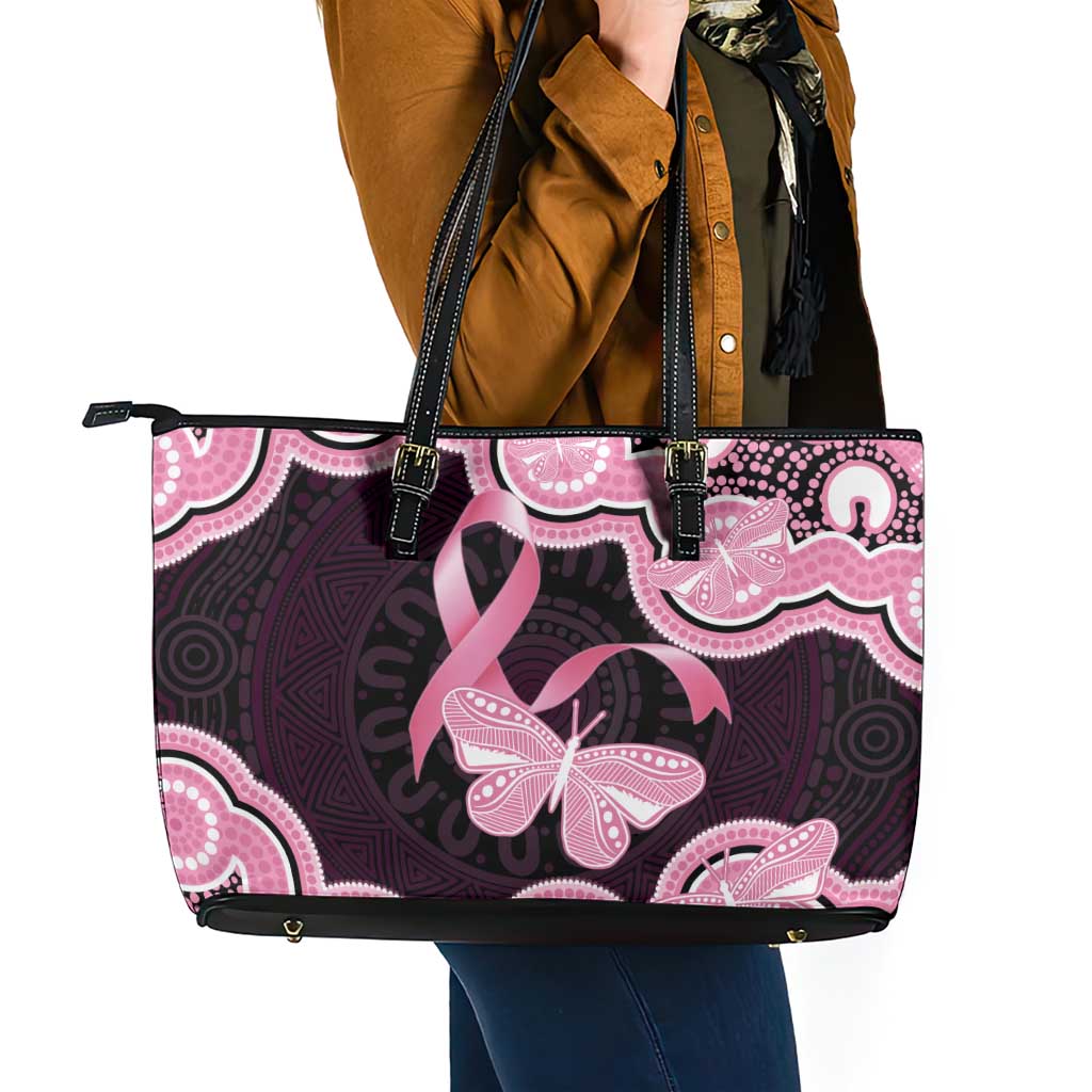 Australia Indigenous Leather Tote Bag Pink Ribbon Breast Cancer Butterfly Aboriginal Black - Aussie Hoodie