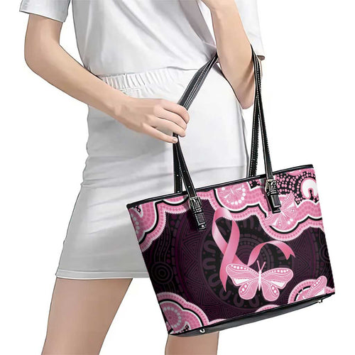 Australia Indigenous Leather Tote Bag Pink Ribbon Breast Cancer Butterfly Aboriginal Black - Aussie Hoodie