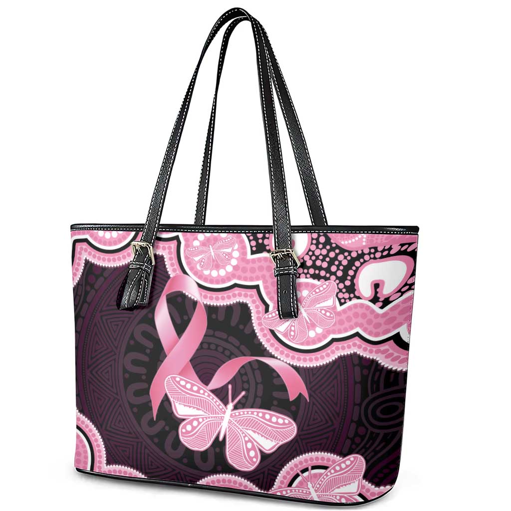 Australia Indigenous Leather Tote Bag Pink Ribbon Breast Cancer Butterfly Aboriginal Black - Aussie Hoodie