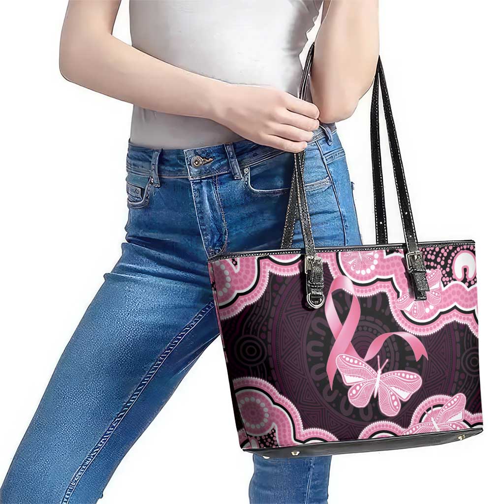 Australia Indigenous Leather Tote Bag Pink Ribbon Breast Cancer Butterfly Aboriginal Black - Aussie Hoodie
