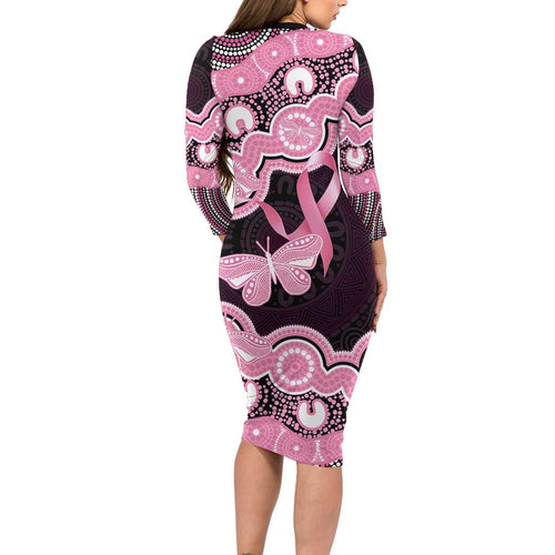 Australia Indigenous Long Sleeve Bodycon Dress Pink Ribbon Breast Cancer Butterfly Aboriginal Black - Aussie Hoodie