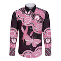 Australia Indigenous Long Sleeve Button Shirt Pink Ribbon Breast Cancer Butterfly Aboriginal Black - Aussie Hoodie