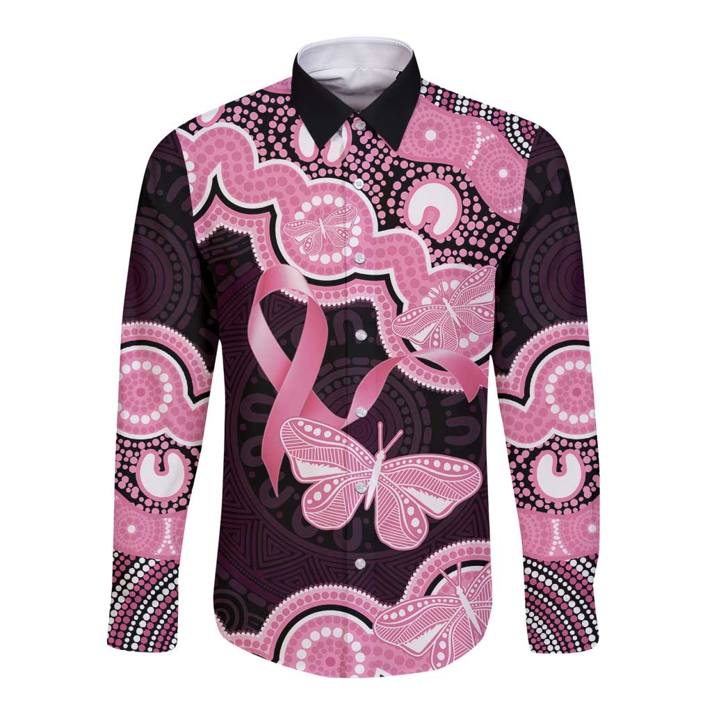 Australia Indigenous Long Sleeve Button Shirt Pink Ribbon Breast Cancer Butterfly Aboriginal Black - Aussie Hoodie