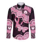 Australia Indigenous Long Sleeve Button Shirt Pink Ribbon Breast Cancer Butterfly Aboriginal Black - Aussie Hoodie