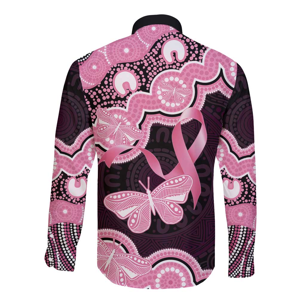 Australia Indigenous Long Sleeve Button Shirt Pink Ribbon Breast Cancer Butterfly Aboriginal Black - Aussie Hoodie