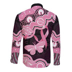Australia Indigenous Long Sleeve Button Shirt Pink Ribbon Breast Cancer Butterfly Aboriginal Black - Aussie Hoodie
