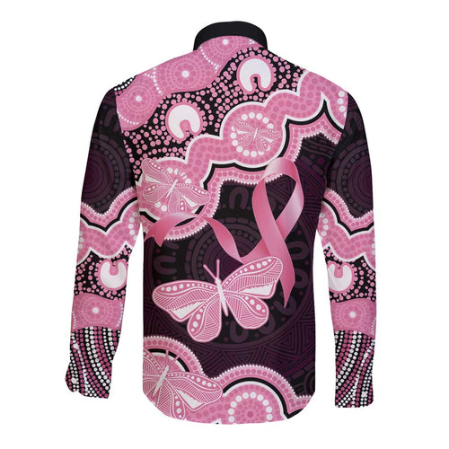 Australia Indigenous Long Sleeve Button Shirt Pink Ribbon Breast Cancer Butterfly Aboriginal Black - Aussie Hoodie