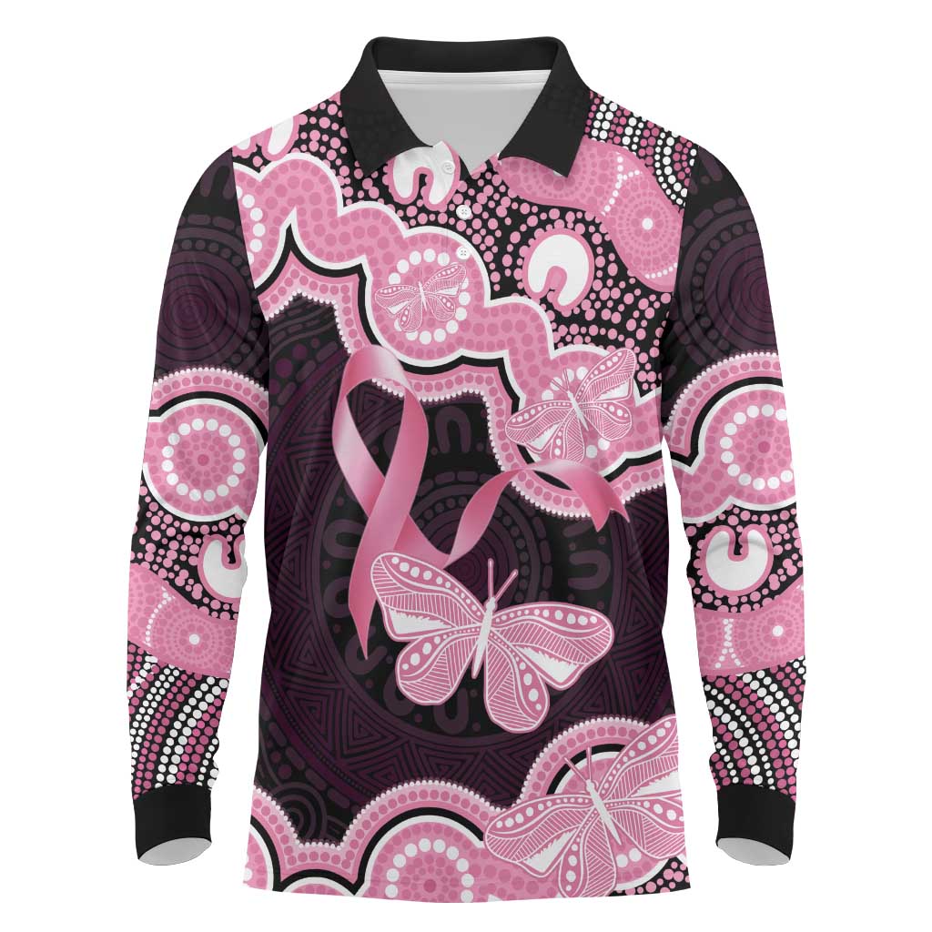 Australia Indigenous Long Sleeve Polo Shirt Pink Ribbon Breast Cancer Butterfly Aboriginal Black - Aussie Hoodie