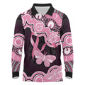 Australia Indigenous Long Sleeve Polo Shirt Pink Ribbon Breast Cancer Butterfly Aboriginal Black - Aussie Hoodie