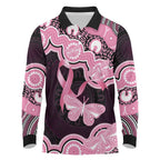 Australia Indigenous Long Sleeve Polo Shirt Pink Ribbon Breast Cancer Butterfly Aboriginal Black - Aussie Hoodie