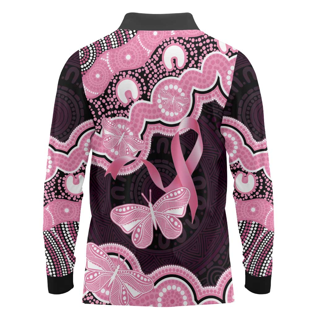 Australia Indigenous Long Sleeve Polo Shirt Pink Ribbon Breast Cancer Butterfly Aboriginal Black - Aussie Hoodie