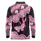 Australia Indigenous Long Sleeve Polo Shirt Pink Ribbon Breast Cancer Butterfly Aboriginal Black - Aussie Hoodie