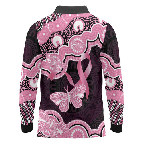 Australia Indigenous Long Sleeve Polo Shirt Pink Ribbon Breast Cancer Butterfly Aboriginal Black - Aussie Hoodie