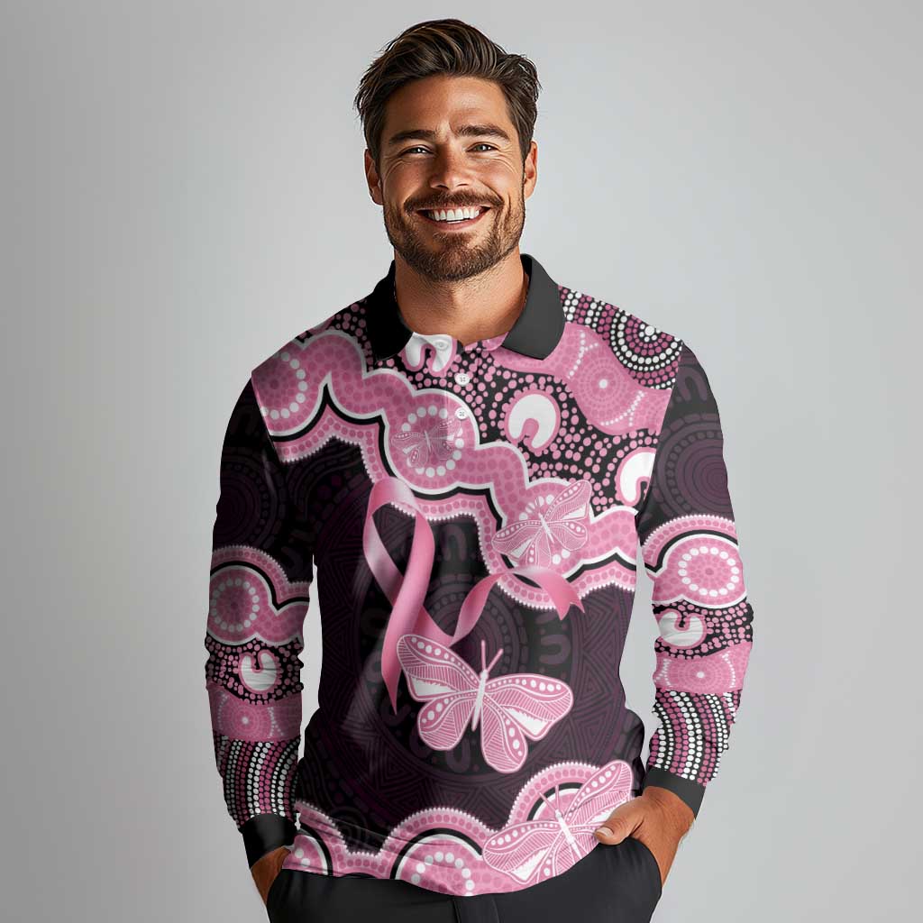 Australia Indigenous Long Sleeve Polo Shirt Pink Ribbon Breast Cancer Butterfly Aboriginal Black - Aussie Hoodie
