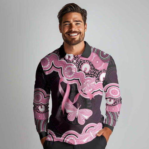 Australia Indigenous Long Sleeve Polo Shirt Pink Ribbon Breast Cancer Butterfly Aboriginal Black - Aussie Hoodie