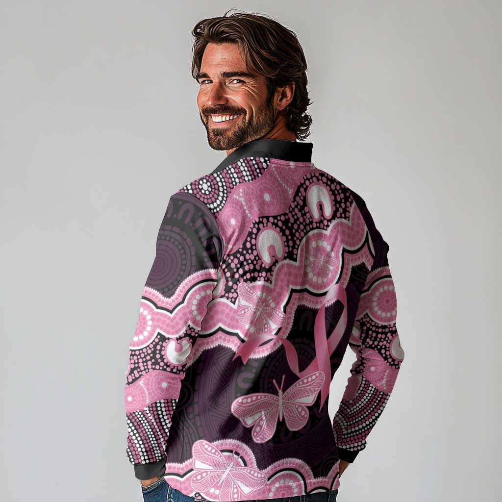 Australia Indigenous Long Sleeve Polo Shirt Pink Ribbon Breast Cancer Butterfly Aboriginal Black - Aussie Hoodie