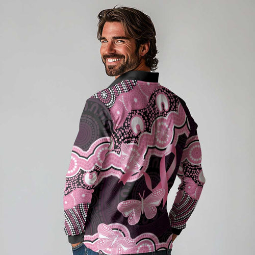 Australia Indigenous Long Sleeve Polo Shirt Pink Ribbon Breast Cancer Butterfly Aboriginal Black - Aussie Hoodie
