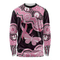 Australia Indigenous Long Sleeve Shirt Pink Ribbon Breast Cancer Butterfly Aboriginal Black - Aussie Hoodie