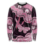 Australia Indigenous Long Sleeve Shirt Pink Ribbon Breast Cancer Butterfly Aboriginal Black - Aussie Hoodie