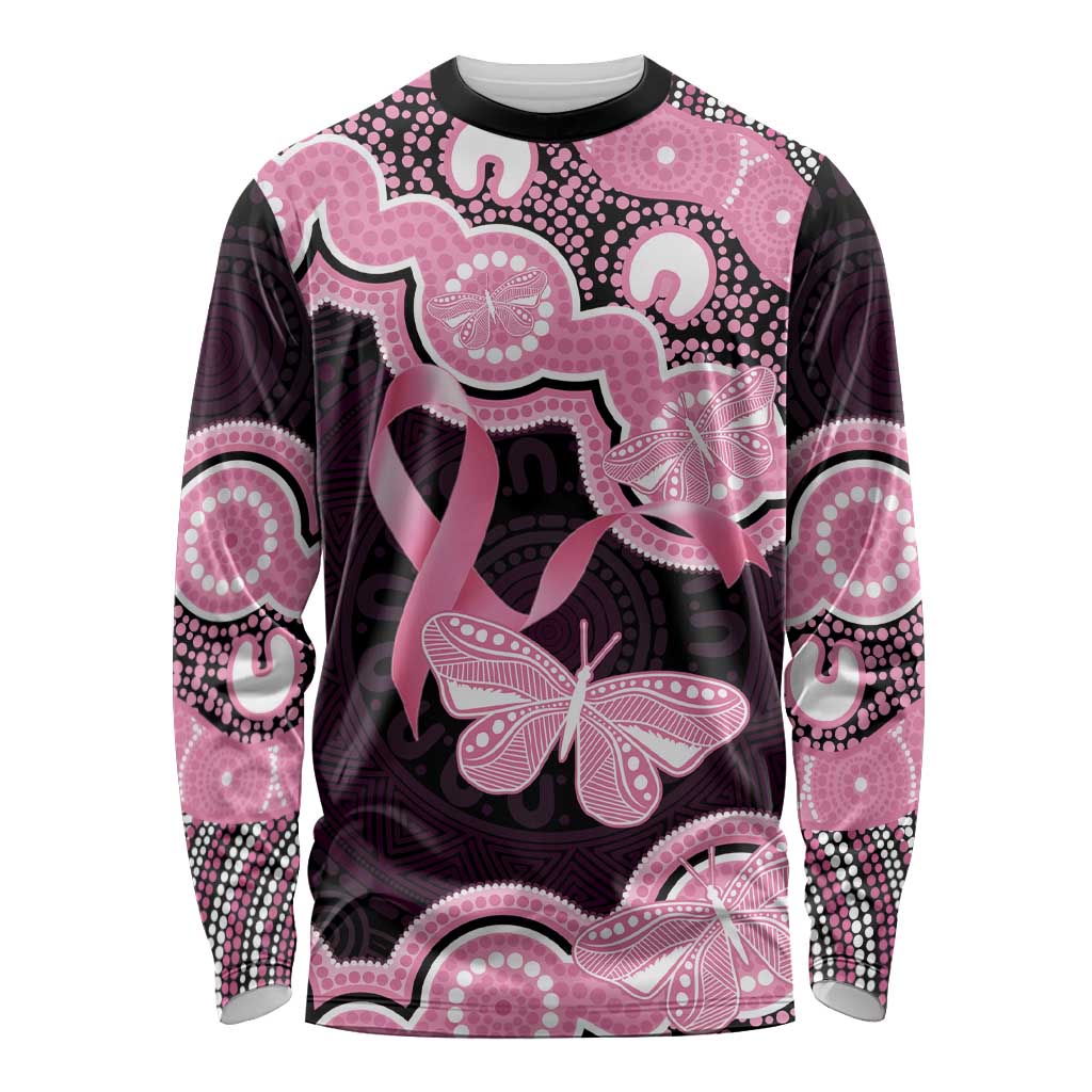 Australia Indigenous Long Sleeve Shirt Pink Ribbon Breast Cancer Butterfly Aboriginal Black - Aussie Hoodie