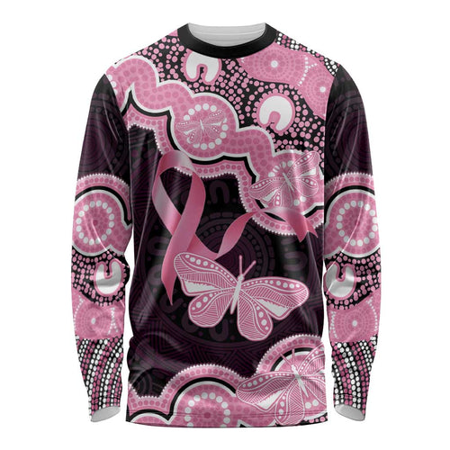 Australia Indigenous Long Sleeve Shirt Pink Ribbon Breast Cancer Butterfly Aboriginal Black - Aussie Hoodie