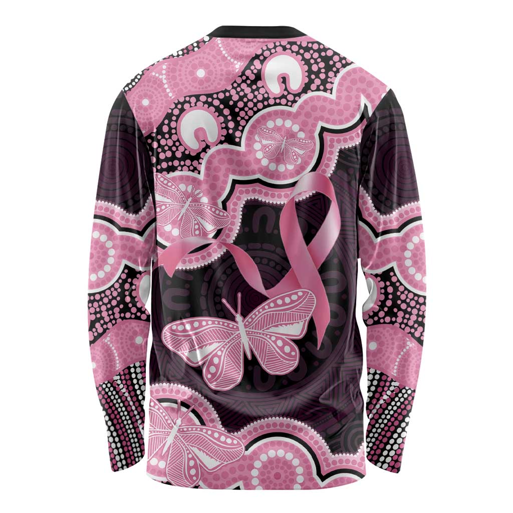 Australia Indigenous Long Sleeve Shirt Pink Ribbon Breast Cancer Butterfly Aboriginal Black - Aussie Hoodie