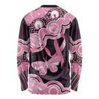 Australia Indigenous Long Sleeve Shirt Pink Ribbon Breast Cancer Butterfly Aboriginal Black - Aussie Hoodie