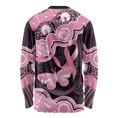Australia Indigenous Long Sleeve Shirt Pink Ribbon Breast Cancer Butterfly Aboriginal Black - Aussie Hoodie