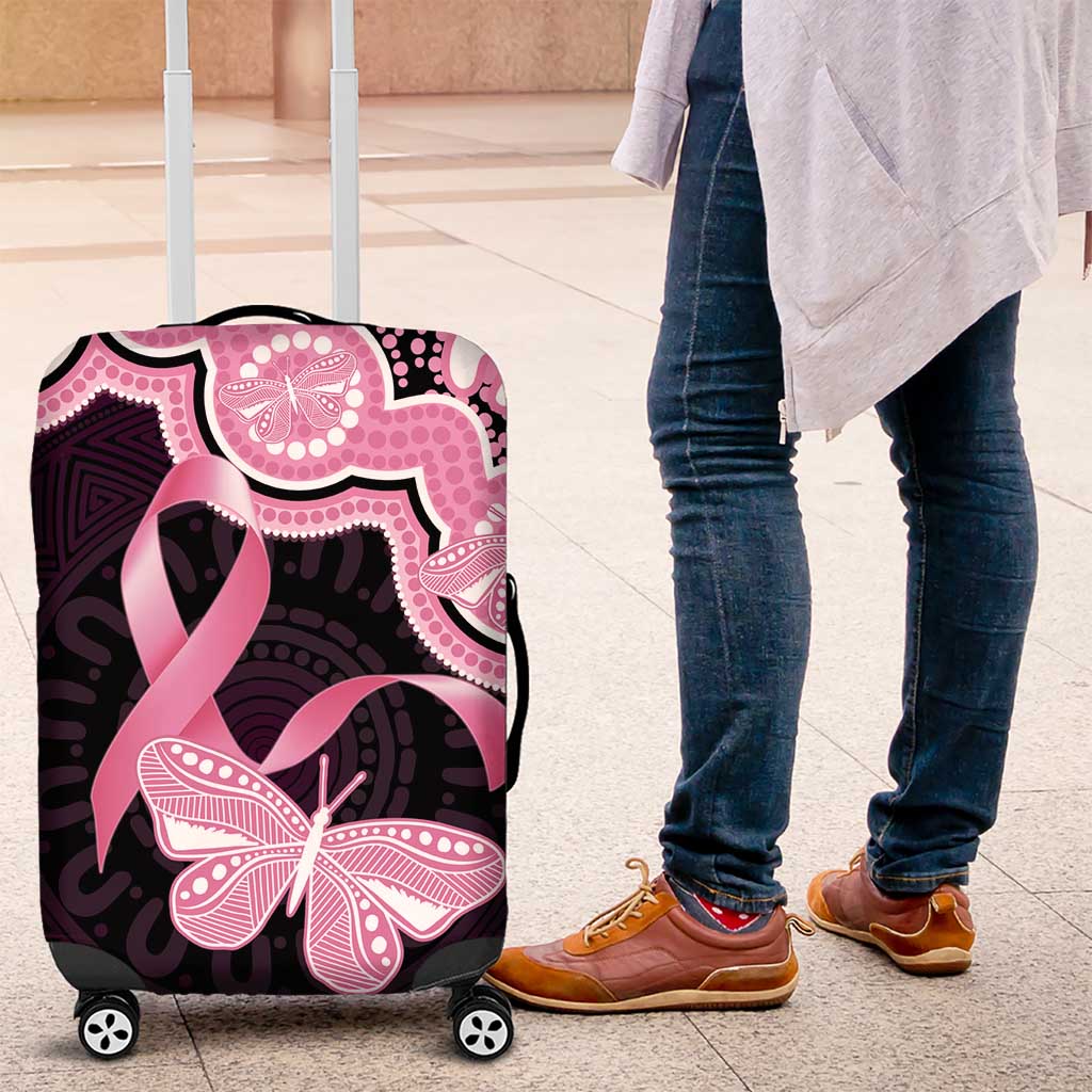 Australia Indigenous Luggage Cover Pink Ribbon Breast Cancer Butterfly Aboriginal Black - Aussie Hoodie