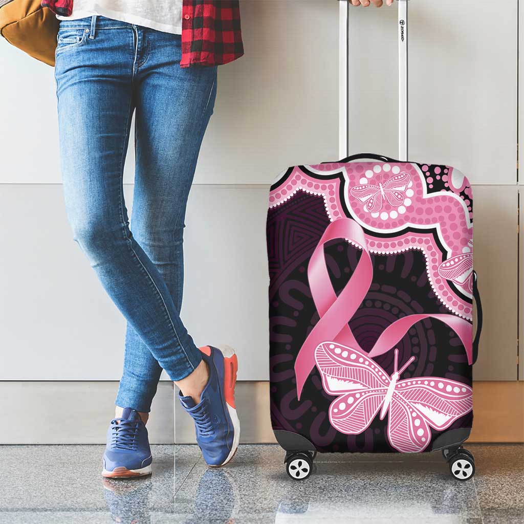 Australia Indigenous Luggage Cover Pink Ribbon Breast Cancer Butterfly Aboriginal Black - Aussie Hoodie