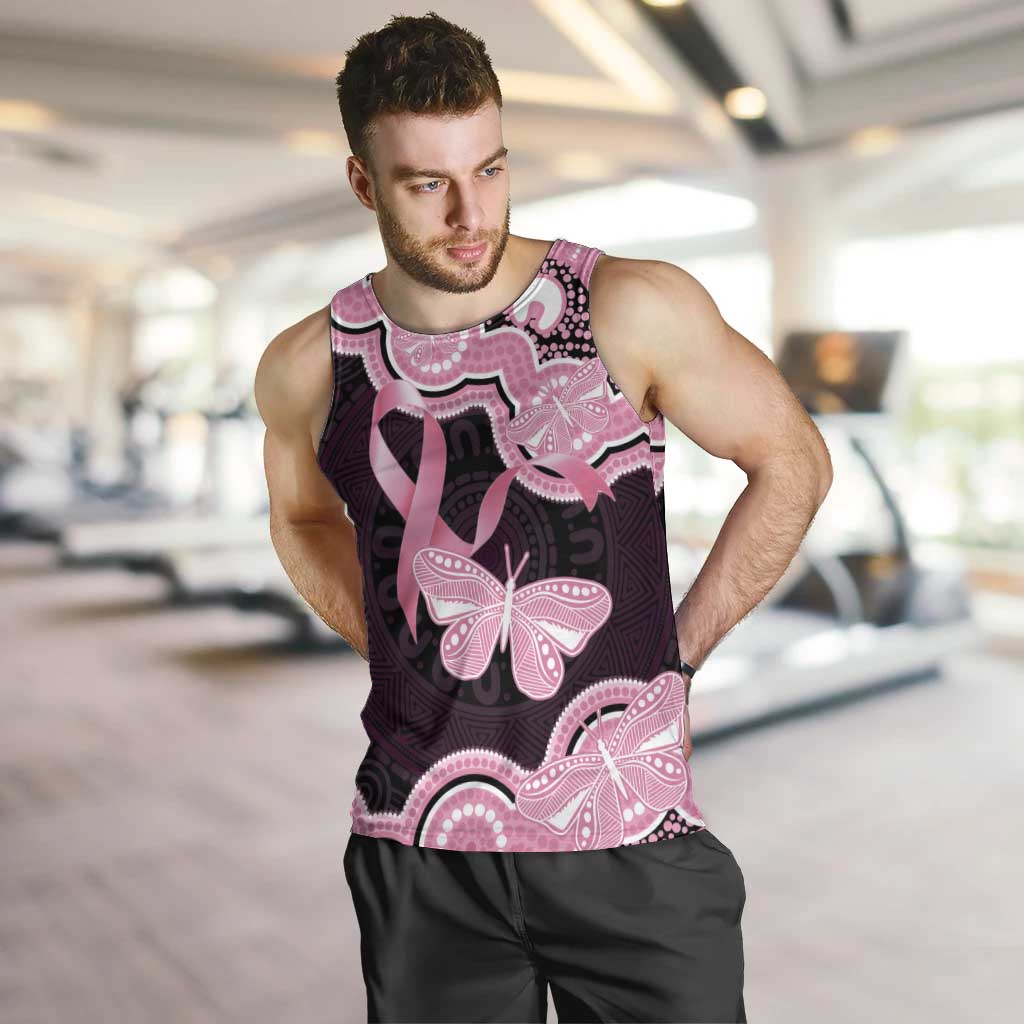 Australia Indigenous Men Tank Top Pink Ribbon Breast Cancer Butterfly Aboriginal Black - Aussie Hoodie