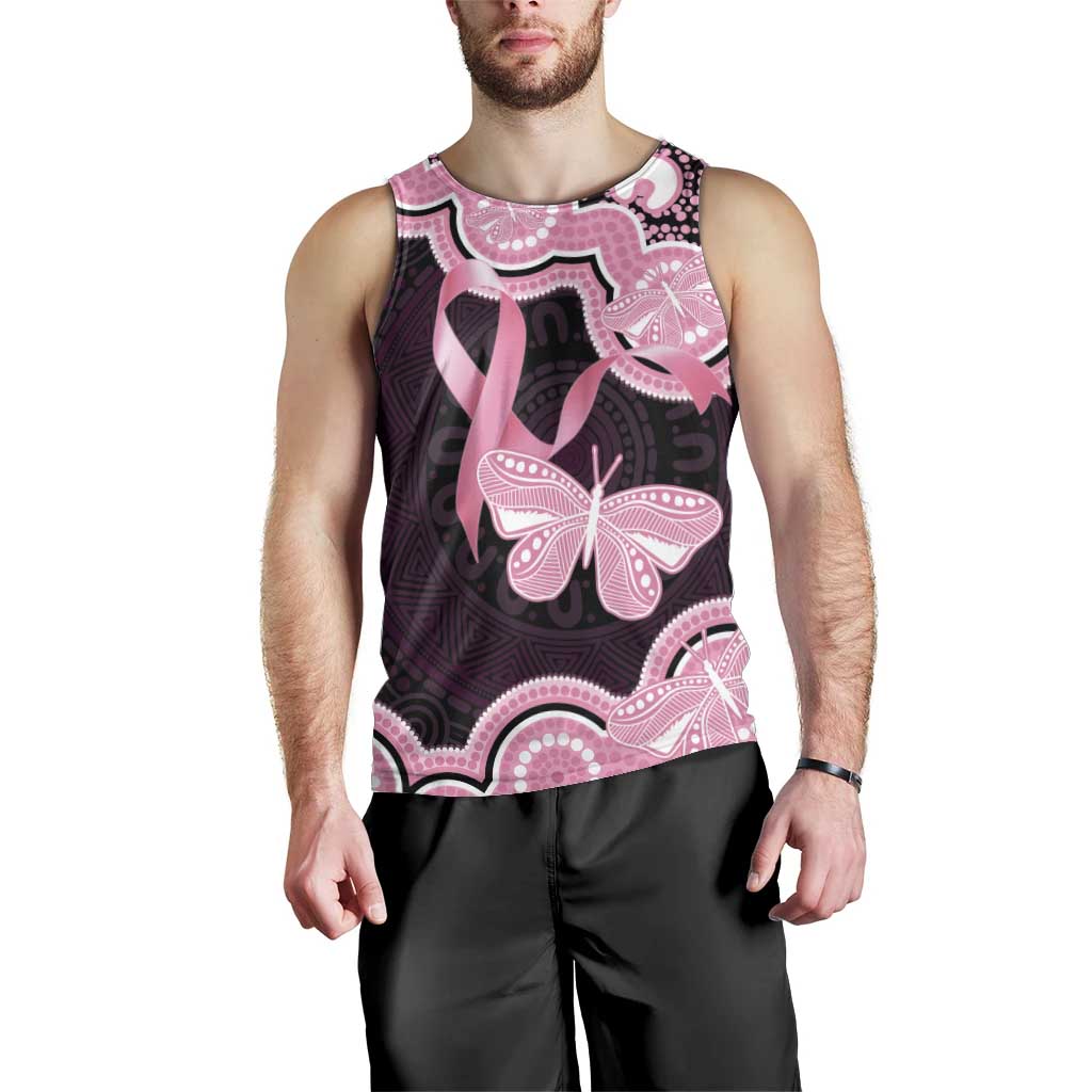 Australia Indigenous Men Tank Top Pink Ribbon Breast Cancer Butterfly Aboriginal Black - Aussie Hoodie