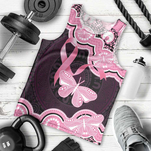 Australia Indigenous Men Tank Top Pink Ribbon Breast Cancer Butterfly Aboriginal Black - Aussie Hoodie