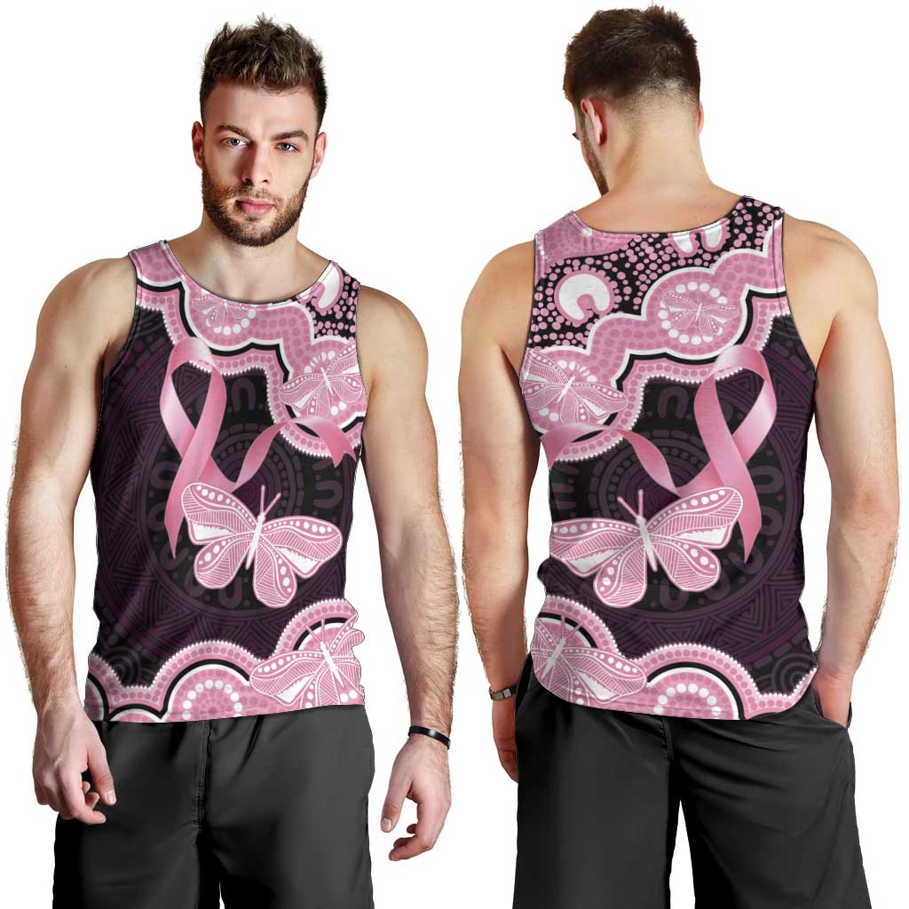 Australia Indigenous Men Tank Top Pink Ribbon Breast Cancer Butterfly Aboriginal Black - Aussie Hoodie