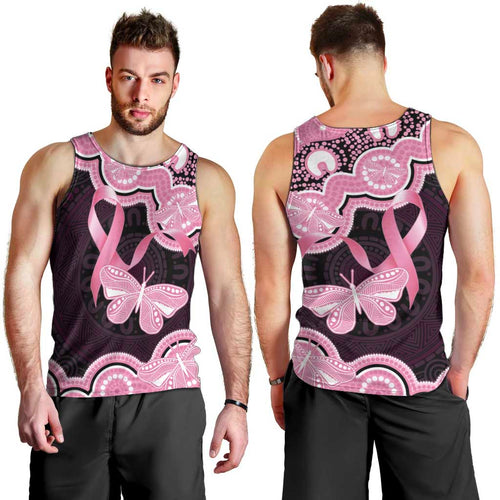 Australia Indigenous Men Tank Top Pink Ribbon Breast Cancer Butterfly Aboriginal Black - Aussie Hoodie